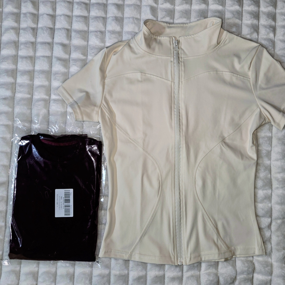Womens Short-Sleeved Zippered Mock Collar Yoga Top And Burgundy T Shirt Small